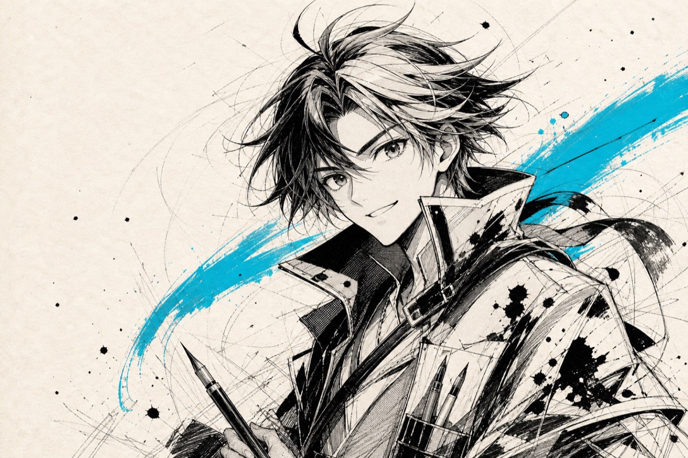Original manga character drawn with black ink and an electric cyan brush stroke